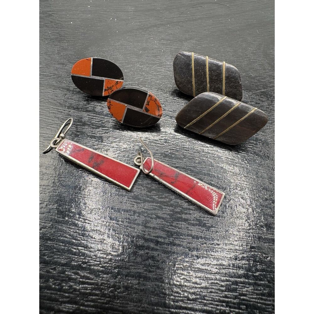 3 Pairs Vintage Taxco Mexico Sterling Silver Onyx Brass Horn Earrings